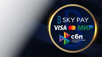 Изображение популярных платежных логотипов, таких как Visa, Mastercard и МИР, а также Sky Pay, подчеркивающее гибкость платежей в Игорный дом Еномо онлайн-казино.